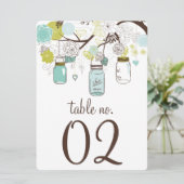 Tischnummern-Karte für blaue und grüne Mason Jars Einladung (Stehend Vorderseite)