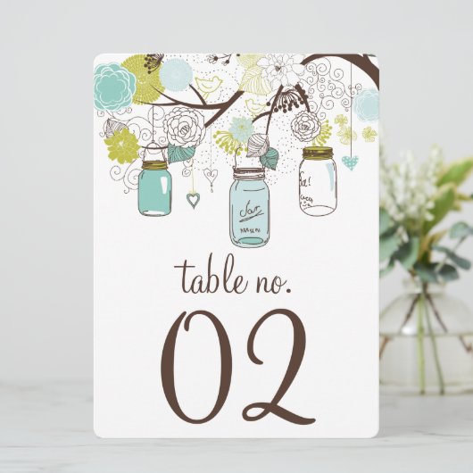Tischnummern-Karte für blaue und grüne Mason Jars Einladung (Stehend Vorderseite)