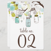 Tischnummern-Karte für blaue und grüne Mason Jars Einladung (Vorne/Hinten)