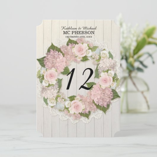 Tischnummern Pink Hydrangea Rose Spitzen Rustikale (Stehend Vorderseite)