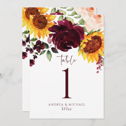 Tischnummern Sonnenblumen Rose Burgundy Red Weddin (Vorne/Hinten)