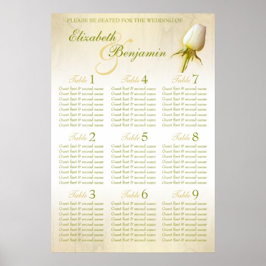 Tischplaner für Hochzeitssitze mit weißer Rose 1-9 Poster (Vorne)
