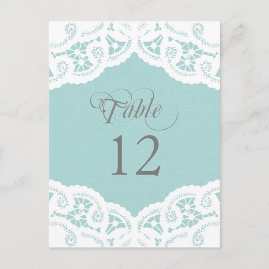 Tischtafeln für Hochzeitstiche mit blauer Spitze Postkarte (Vorderseite)