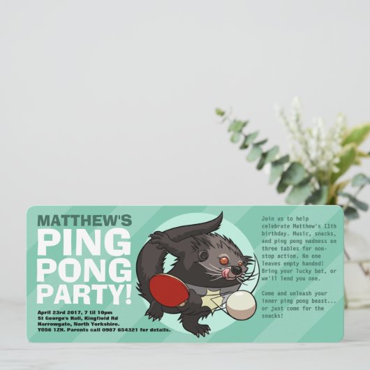 Tischtennis Bearcat Ping Pong Binturong Cartoon Einladung (Stehend Vorderseite)