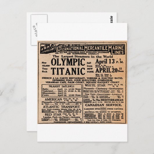 Titanic Newspaper Ad Postkarte (Vorne/Hinten)