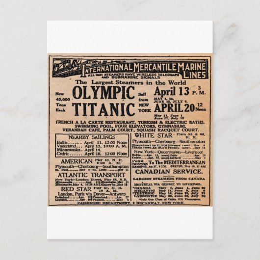 Titanic Newspaper Ad Postkarte (Vorderseite)