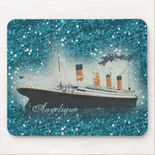 Titanic Ocean Liner Blue Glitzer Glam Ombre Name Mousepad