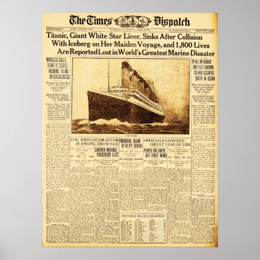 Titanic Sinks nach Zusammenstoß mit Iceberg 1912 Poster (Vorne)
