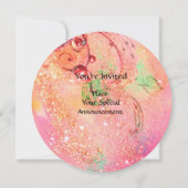 TITANIEN UND ROTE BLUME, grün-gelb-rosa Glitzern Einladung (Rückseite)