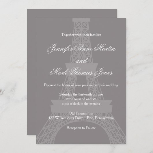 Titanium und White Paris Eiffel Tower Wedding Einladung (Vorne/Hinten)