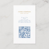 Titel: Dusty Blue Gold Haar Script Schere QR Code Visitenkarte (Rückseite)