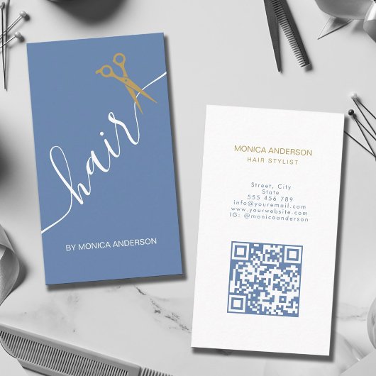 Titel: Dusty Blue Gold Haar Script Schere QR Code Visitenkarte