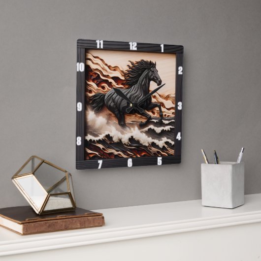 Titel: Majestic Gallop: Schnitzel aus Holz Quadratische Wanduhr (Büro)