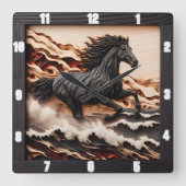 Titel: Majestic Gallop: Schnitzel aus Holz Quadratische Wanduhr (Vorderseite)