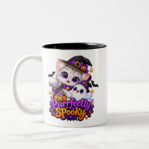 Titel: Purrfekt Gruselig – Halloween-Katzenbecher Zweifarbige Tasse