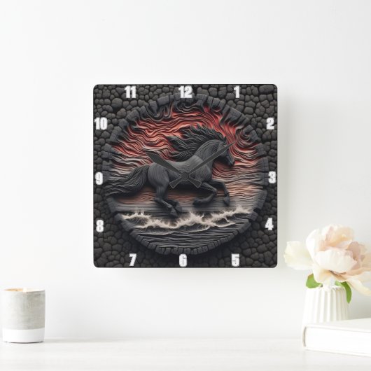 Titel: Wave Gallop Craft: Carved Look Reittier Quadratische Wanduhr (Zuhause)