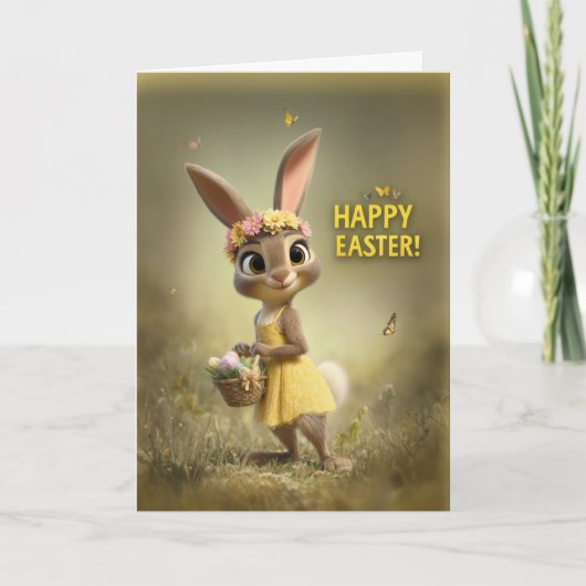 Title Adorable Easter Bunny with Basket and Flower Karte (Vorderseite)