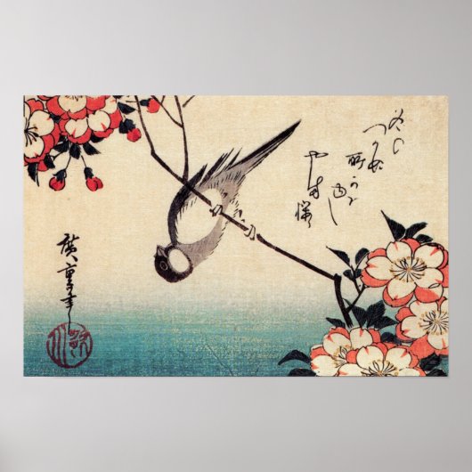 Titmice auf einer Zweigstelle in Cherry, Hiroshige Poster (Vorne)