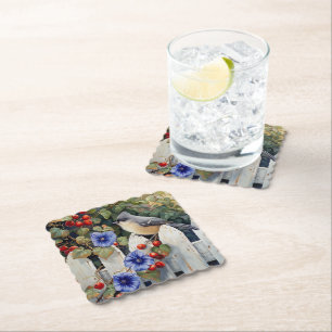 Titmouse auf the White Picket Fence Morning Glorie Untersetzer