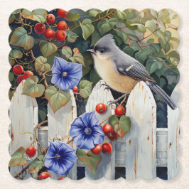 Titmouse auf the White Picket Fence Morning Glorie Untersetzer
