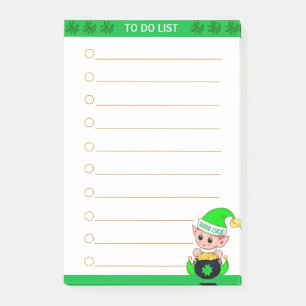 To-Do-Liste und niedlicher grüner Elf mit Goldmünz Post-it Klebezettel