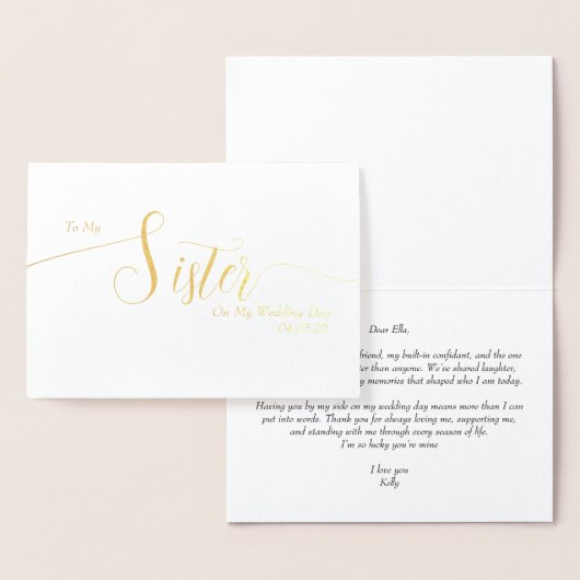 To My Sister on My Wedding Day Elegant Script Folienkarte (Anzeige)
