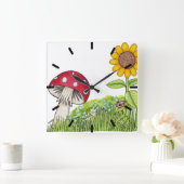 Toadstool and Sunflower Clock Quadratische Wanduhr (Zuhause)