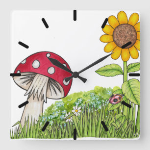 Toadstool and Sunflower Clock Quadratische Wanduhr