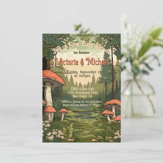 Toadstool Forest Baby Dusche Einladung (Stehend Vorderseite)