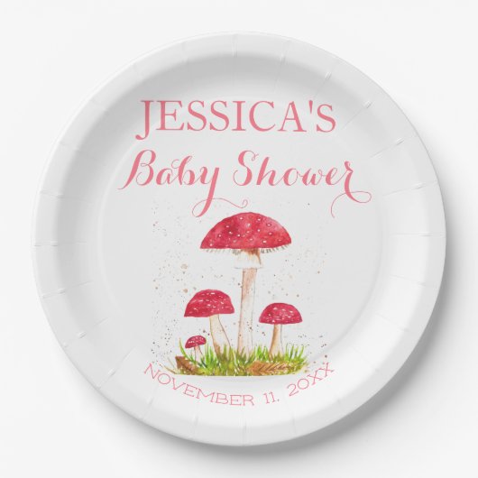 Toadstool Mushroom Wasserfarbe Niedlich Babydusche Pappteller (Vorderseite)