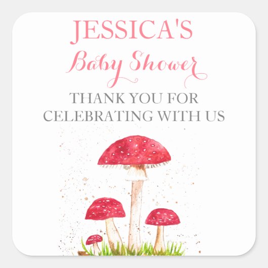 Toadstool Mushroom Wasserfarbe Niedlich Babydusche Quadratischer Aufkleber (Vorderseite)