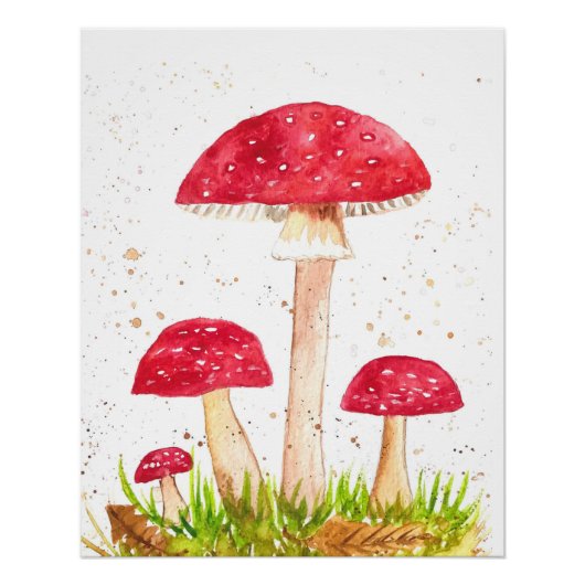 Toadstool Pilzwald Aquarell Rote Natur Poster (Vorderseite)