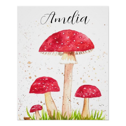 Toadstool Pilzwald Aquarell Rote Natur Poster (Vorderseite)