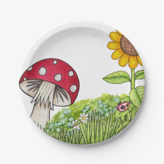 Toadstool und Sonnenblume Pappteller (Vorderseite)