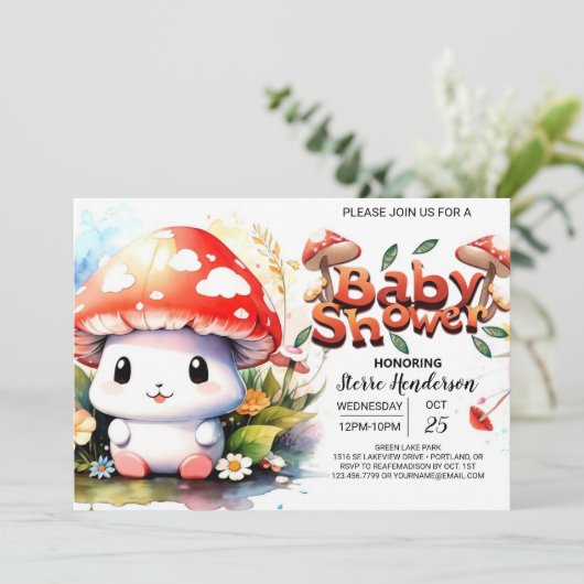 Toadstool Wonderland Babydusche Einladung (Stehend Vorderseite)