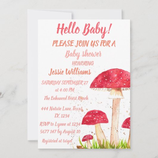 Toadstools Mushroom Babydusche Rote Natur Einladung (Vorderseite)