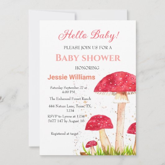 Toadstools Mushroom Babydusche Rote Natur Einladung (Vorderseite)