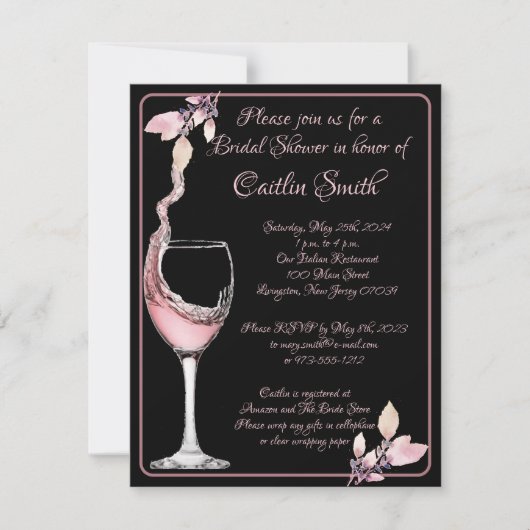 Toast formales Schwarz-Rose-Brautparty Einladung (Vorderseite)