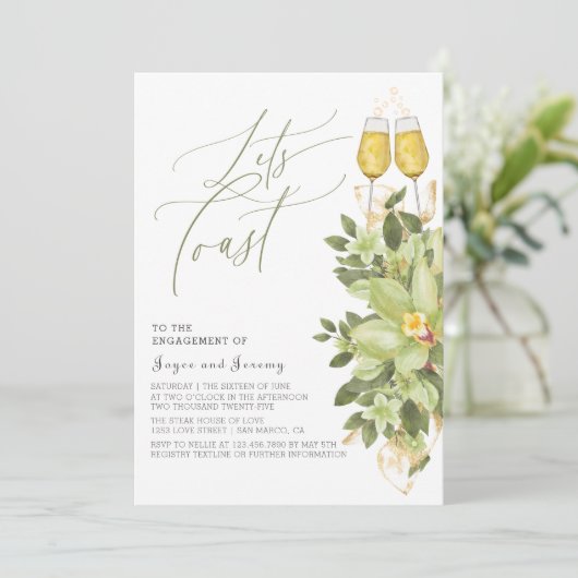 Toast Greenery Floral Gold Party Einladung (Stehend Vorderseite)
