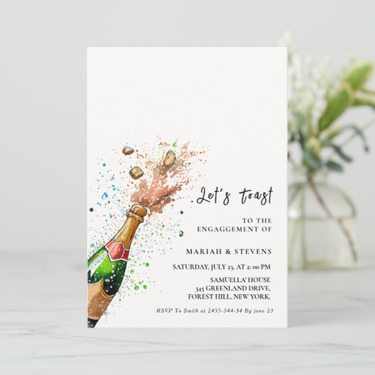 Toast Pink Champagne Flasche Engagement Party Einladung (Stehend Vorderseite)
