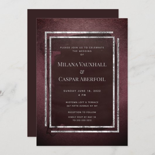 Toasted Burgundy & Silver Frame Wedding oder Party Einladung (Vorne/Hinten)