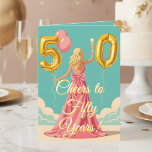 Toasting der Frau mit Champagner 50. Geburtstag Karte<br><div class="desc">Herzlichen Glückwunsch zu einem goldenen Meilenstein! Diese 50. Geburtstagskarte bietet eine stilvolle Frau in einem fließenden rosa Kleid, das ein Glas für den Anlass. Das Design ist mit großen goldenen "5"- und "0"-Ballons dekoriert. Der Text auf der Vorderseite, "Cheers to Fifty Years!", ist komplett anpassbar, wie auch die Botschaft im...</div>