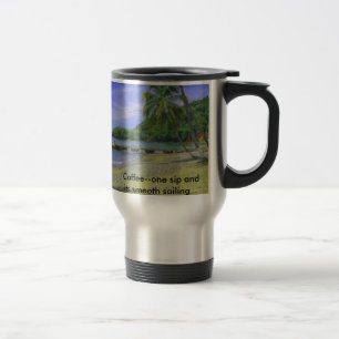 Tobago-Strand, Kaffee--ein Schlückchen und sein Reisebecher