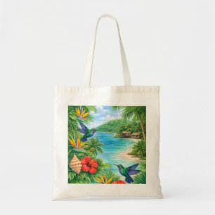Tobago-Tropischer Strand, Kolibris und Hibiskus Tragetasche