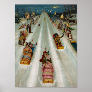 Toboggans auf einer Winternacht Poster