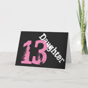 Tochter, 13. Geburtstag, weiß, rosa auf schwarz. Karte