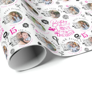 Tochter Geburtstag Foto-Collage Typografie Geschenkpapier