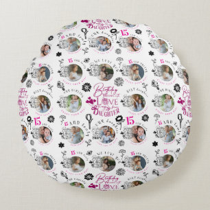 Tochter Geburtstags-Foto-Collage-Typografie  Rundes Kissen