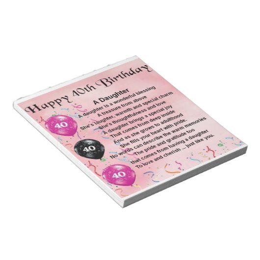Töchter Gedicht 40. Geburtstag Notizblock (angewinkelt)
