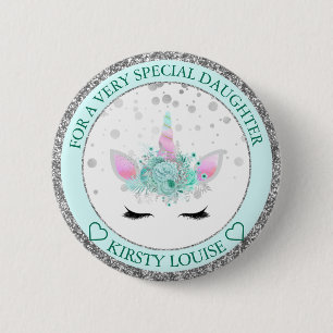 Tochter Hübsches Minz- und Silberblumen-Einhornges Button